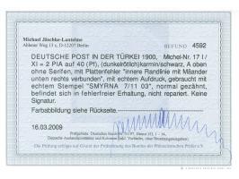 1900, Aufdrucktype I 2 Pia. auf 40 Pfg. dunkelrötlichkarmin/schwarz, mit Plattenfehler “innere Randlinie mit Mäander unten re