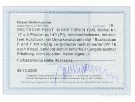 1900, Aufdrucktype I 2 Pia. auf 40 Pfg. dunkelrötlichkarmin/schwarz, mit Plattenfehler “Buchstaben P und T mit klobig vergröß