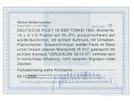 1900, Aufdrucktype I 2 ½ Pia. auf 50 Pfg. dunkelbräunlichlila/rotschwarz auf mattbraunorange, mit Plattenfehler “blasenförmig