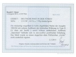 1902/04, Aufdrucktype II 10 P. auf 5 Pfg. dunkelgrün, mit Aufdruck “Specimen”, postfrisch, tadellos, doppelt sign. Grobe, Fot