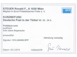 1905, Germania o.Wz. 15 Pia. auf 3 M. schwarzviolett rotorange leuchtend, linke obere Bogenecke, postfrisch, tadellos, sign. 