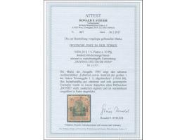 1905, Germania o.Wz. 1 ½ Pia. auf 30 Pfg. dunkelrötlichorange/braunschwarz auf mattchromgelb, mit Aufdruckfehler “Fußstrich s
