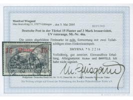 1905/13, Germania mit Wz. 15 Pia. auf 3 M. schwarzviolett, sauber gestempelt “SMYRNA * b 2/2/14”, tadellos, sign. u. a. Barte