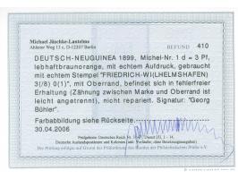 1897, Aufdruckausgabe 3 Pfg. lebhaftorangebraun, Oberrandstück, sauber gestempelt "FRIEDRICH-WI(LHELMSHAFEN) 3(/8) 0(1), Zähn