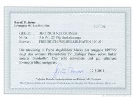 1897, Aufdruckausgabe 25 Pfg. dunkelorange, mit Plattenfehler “farbiger Punkt neben linker unterer Bandrolle”, sauber gestemp