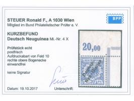 1897, Aufdruckausgabe 20 Pfg. violettultramarin, rechte obere Bogenecke mit Aufdruckfehler “unterer Bogen des t in Deutsch ve