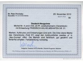 1897, Aufdruckausgabe 20 Pfg. violettultramarin, Viererblock mit Aufdruckfehler “zweites e in Neu-Guinea offen" (Aufdruckfeld