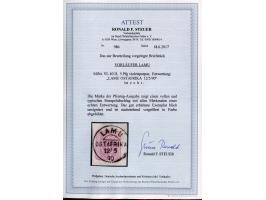 1889/90, Pfennig 5 Pfg. violettpurpur, sauber gestempelt “LAMU OSTAFRIKA 12/5 90”auf Briefstück, zwei kurze Zähne, sonst tade