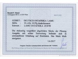 1889/90, Pfennig 10 Pfg. dunkelrosarot, sauber gestempelt “LAMU OSTAFRIKA 25/4 90” auf Briefstück, tadellos, Befund Steuer BP
