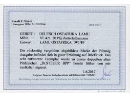 1889/90, Pfennig 20 Pfg. dunkelultramarin, sauber gestempelt “LAMU 19/1 89” auf Briefstück, tadellos, sign. Dr. Steuer BPP, F