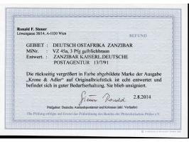 1890/91, Krone/Adler 3 Pfg. gelblichbraun, mit Stempel "ZANZIBAR KDPAg 13.7.91" auf Briefstück, tadellos, Befund R. Steuer BP