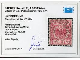1890/91, Krone/Adler 10 Pfg. lebhaftrosarot, braun qaurzend, sauber gestempelt “ZANZIBAR 16/7 91”, tadellos, Kurzbefund Steue