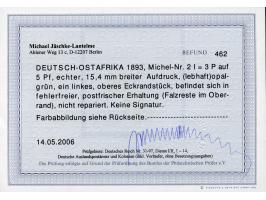 1893, waagerechter Aufdruck 15,4 mm breit 3 P. auf 5 Pfg. opalgrün, linke obere Bogenecke, postfrisch, Falzreste im Oberrand,