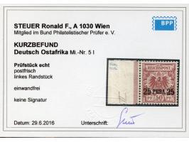 1893, waagerechter Aufdruck 16,8 mm breit 25 P. auf 50 Pfg. lebhaftrötlichbraun, linkes Seitenrandstück, postfrisch, tadellos