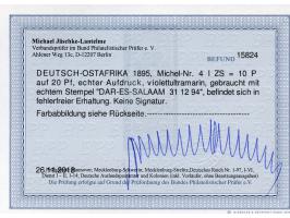 1893, waagerechter Aufdruck 10 P. auf 20 Pfg. violettultramarin, senkrechtes Zwischenstegpaar, sauber gestempelt “DAR-ES-SALA
