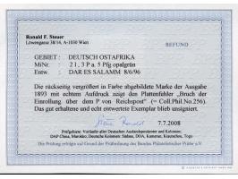 1893, waagerechter Aufdruck 15,4 mm breit 3 P. auf 5 Pfg. opalgrün, mit Plattenfehler “Bruch der Einrollung über dem P von Re