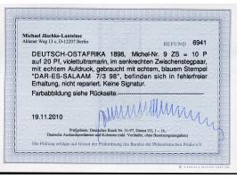 1896, diagonaler Aufdruck 10 P. auf 20 Pfg violettultramarin, senkrechtes Zwischenstegpaar, sauber gestempelt “DAR-ES-SALAAM 