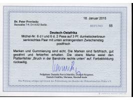 1896, diagonaler Aufdruck 2 P. auf 3 Pfg. dunkelockerbraun, senkrechtes Paar mit Plattenfehler “Bruch der Bandrolle rechts un
