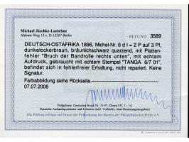 1896, diagonaler Aufdruck 2 P. auf 3 Pfg. dunkelockerbraun, mit Plattenfehler “Bruch der Bandrolle rechts unten” , sauber ges