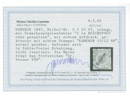 1897, Aufdruckausgabe 25 Pfg. dunkelorange, mit Plattenfehler “I in Reichspost oben gespalten”, sauber gestempelt “KAMERUN 15