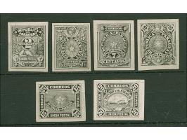 1886, Official Stamp essays without the Official overprint, 2 c., 5 c., 7 c., 10 c., 15 c. and 20 c., all in black on thin pa
