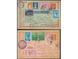 1943, Two postal stationery cards 3 krs. and 5 krs. each used uprated to air mail high postal rate 93/94 krs., different cens