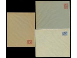 1916, Five Star &amp; 1331 red and black overprint on three postal stationery envelopes, 20 pa. and 1 pia., issues 1901, 1905