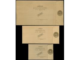 1914,  Registered envelopes 1 pia. all three sizes overprinted SPECIMEN. Small size beige paper, medium size yellowish-white 