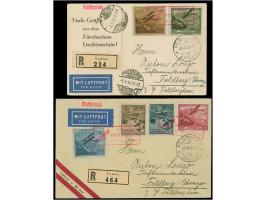 1930, kompletter Flugpost-Satz auf Luftpost-R-Brief und R-Karte mit rotem Rahmen-Sonderstempel 1. Postflug Vaduz - St. Gallen