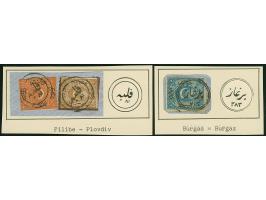 1865, BURGAZ 283 (1867) all arabic black cancellation on piece bearing 2 pia. blue. additional piece with Filibe 81 cancellat