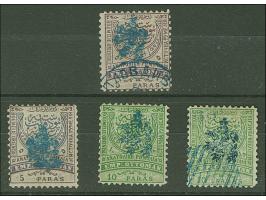 1885, 5 pa. lilac on dull lilac and 10 pa. green, four stamps unused and used with Lion overprint, all with Opinion Hitzler.
