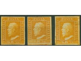 1859, ½ gr. orange, three singles, from Plate I and II, all with good margins and two with part original gum, bright colours,