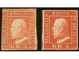 1859, 5 gr. vermilion, Plate I and II, two unused examples showing shades, full margins, fine. Signed Thier, Raybaudi and Sor