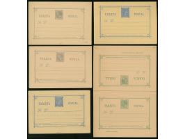 1889/92, 5 Postal stationery cards including answering card 15+15 c. grey-greene, all unused, tiny paper adhesives on reverse