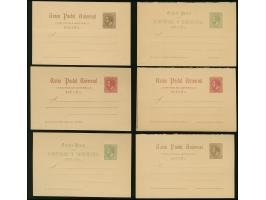 1884, 6 Postal stationery cards including three answering cards, all unused, tiny paper adhesives on reverse, otherwise fine.