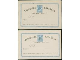1873, Postal stationery card ‘TARGETA’ 5 c. blue with shifted black print into stamp and ‘TARJETA’ 5 c. blue printed on light