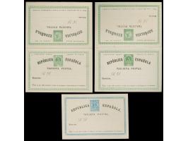 1873, Three Postal stationery cards ‘TARGETA’ 5+5 c. green and ‘TARJETA’ 5+5 c. green, plus 5 c. blue, all unused, tiny paper