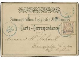 1879, 20 Para violet postal stationery cut out tied by Constantinople 24/Juil 1879 c.d.s. to Formular card 1870 issue to Engl