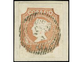 1853, Maria II 5 r. light brown, full to wide margins, clearly cancelled with numeral ‘56’ (BRAGA) on paper backing, colour f