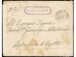 1884, "Carteggio di S.M." framed violet cachet on stampless envelope from Rome to Alexandria, on reverse red/gold label "casa