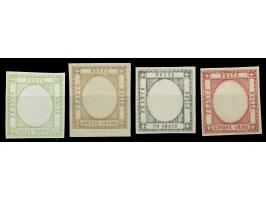 1861, Four proofs Neapolitan Provinces: 1/2 tornese, 1/2 grano, 1 grana and 5 grana, without effigy in the center, printed on
