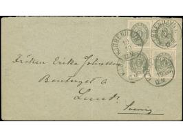 1892, Numeral 3 ö. blue grey, four snigle stamps tied to envelope by KJOBENHAVN 10/10, addressed to Lund Sweden with arrival 