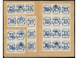 1950, Greenland Savings Book with gray cover containing 25ore blue (144 stamps ) including six scarce blocks of 12 and few st