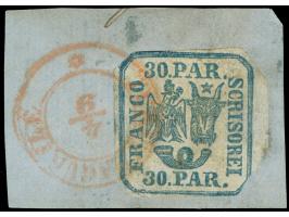 1862, 30 par. blue, closed at right, clear cancellation "TURNU MAGUERELE 4/9" in red, fine and scarce colour of cancellation
