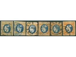 1869, 25 b. orange blue, six cancelled stamps showing colour varieties, some faults but interesting

