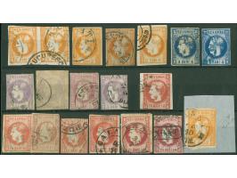 1868, 2 b. to 18 b., 17 cancelled stamps and 2 b. pair showing colour varieties, mostly thins and faults but interesting
