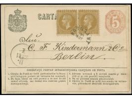 1877, BOTOSANI 18.NOV.77 cds. on 5 b. postal stationery card used uprated with pair 5 b. olive-brown, perf.11, to Berlin with
