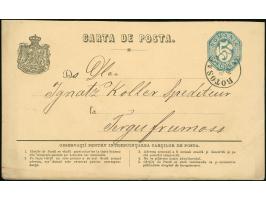 1875, 5 b. blue on cream, two postal stationery cards, one written in hebrew, other with sender cachet Marcus Silberstein Gal