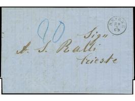 1869, SMIRNE 20/3/69, Fingerhutstempel auf Faltbrief mit Inhalt, handschriftlich "20" in blau für Taxe, rückseitig Ankunftsst