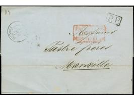 1857, Lettersheet from Smyrne to Marseile, cancelled French cds. „Smyrne/Turquie 11.2.57“ and boxed „P.P.“ in black, framed "